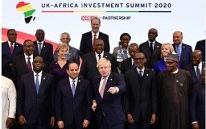 On the centre is British Prime Minister, Boris Johnson with 16 African leaders at the 2020 UK-Africa Investment Summit in London. Photo by Nick Wilson, CAJ News London.