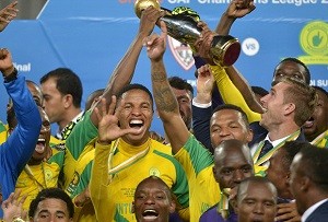 Mamelodi Sundowns lift the ABSA premier soccer league trophy. File photo