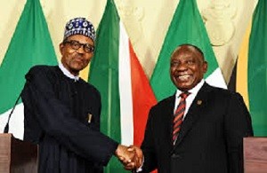 Nigerian president Muhammadu Buhari (left) with his South African counterpart President Cyril Ramaphosa. File photo