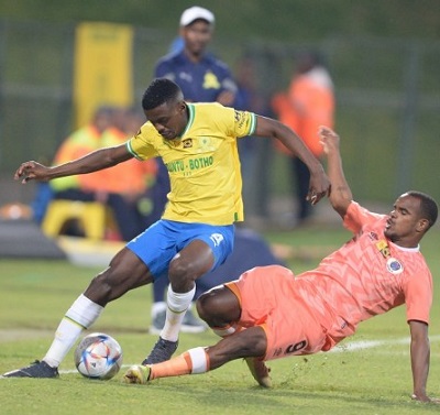 Mamelodi Sundowns' Teboho Mokoena tries to pass Iqraam Rayners of SuperSport United during the MTN8 quarter final clash