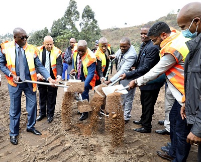 South Africa's Minister of Public Enterprises Pravin Gordhan (second from left) and eThekwini Mayor Mxolisi Kaunda (third from left) are joined by Economic Development Chairperson Councillor Thembo Ntuli, the Ward 15 councillor, Councillor Shezi and Giba Business Estate developer Shaaz Moosa at the sod turning ceremony on Wednesday