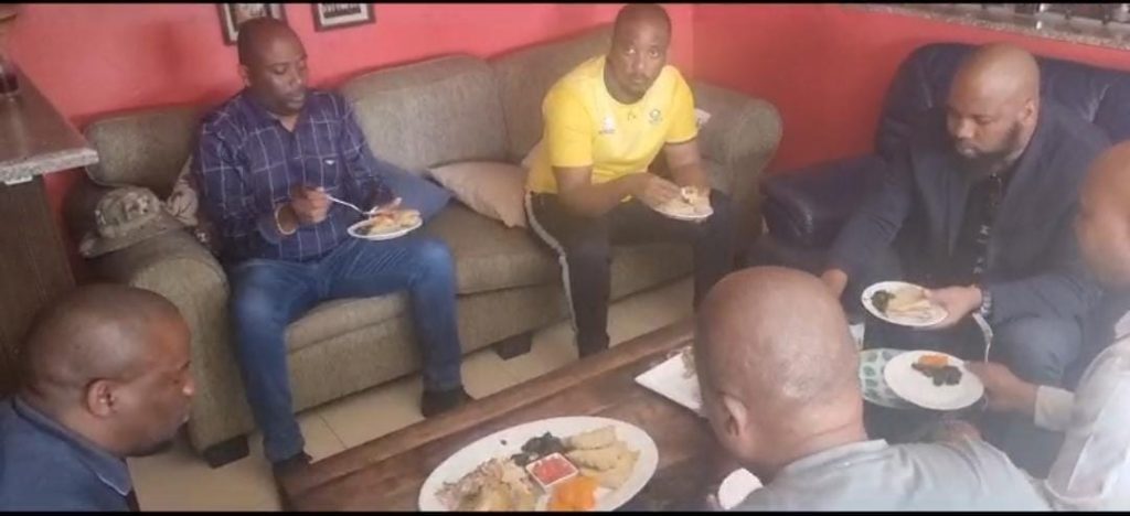 KwaZulu Natal's provincial leader of Government Business Member of the Executive Committee for Economic (MEC) responsible for Economic Development, Tourism and Environmental Affairs Siboniso (in black jacket) with other leaders at the So Chilla Restaurant